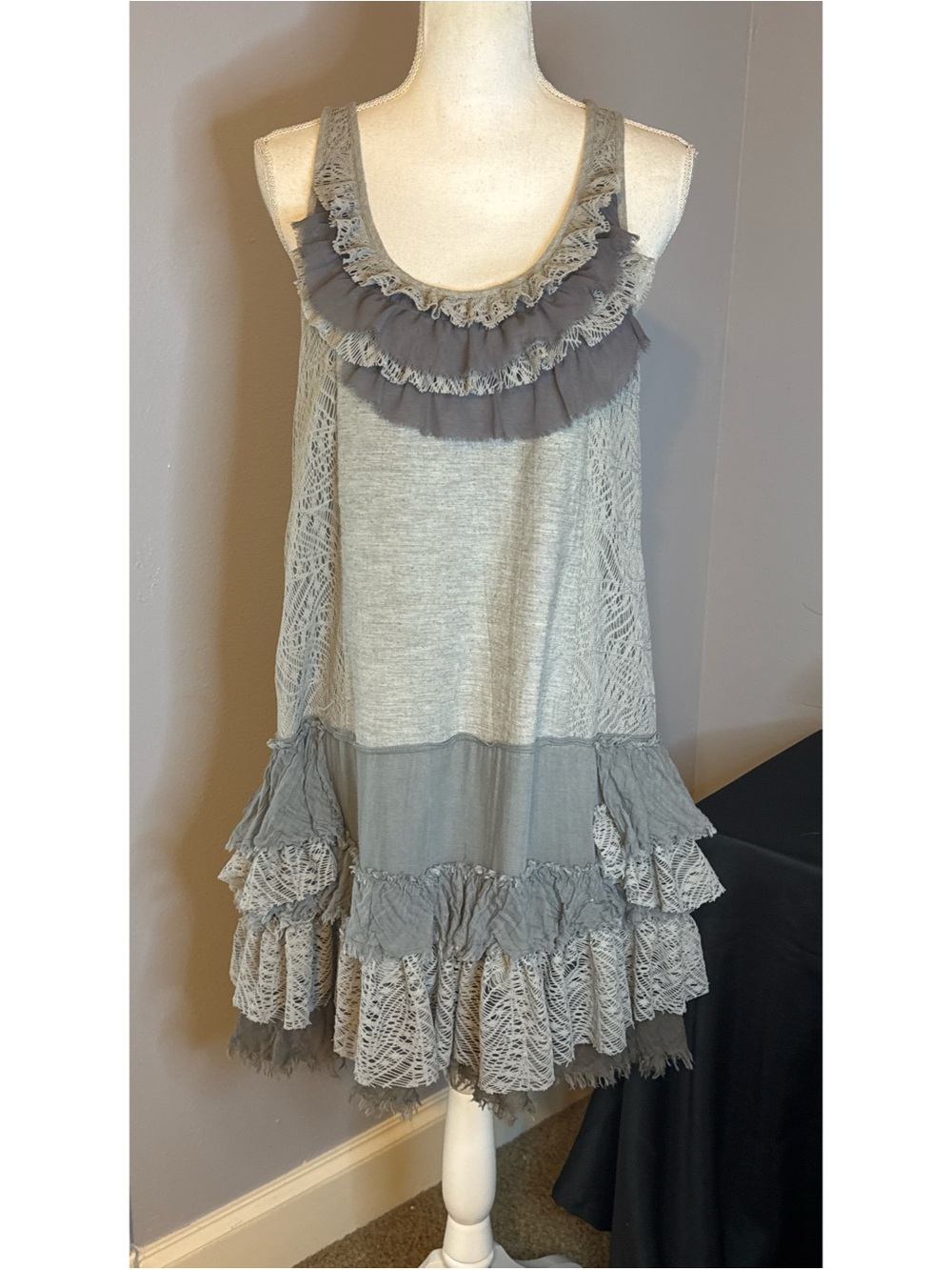 Ryu Gray Lace Ruffle Boho Tunic Dress Size M